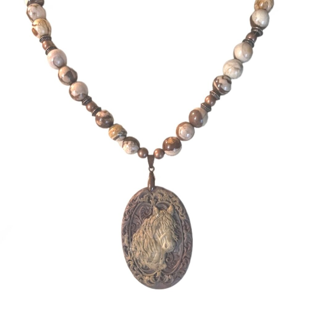 Handcrafted Brown (plum tint) & Cream Jasper Beaded Necklace with Horse Pendant